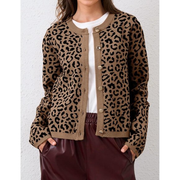 Leopard Cardigan Cotton Blend Long Sleeve Open Front Button Casual Top - Picture 3 of 6